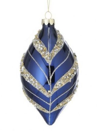 Glass Beaded Leaf Stripe Ornament in Blue / Gold Assorted
 glossy cobalt blue Christmas ornament shaped like a teardrop, decorated with silver glitter lines and gold rhinestone accents finial sequin 