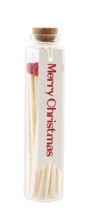Glass Bottle Match Holder with Merry Christmas Tag red white