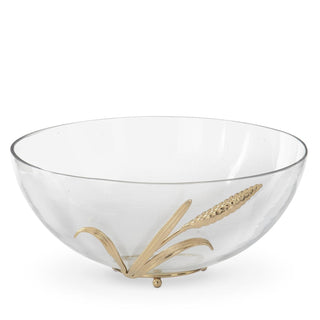 Clear glass bowl with gold leaf design on a white background. Glass Bowl with Gold Feet & Wheat