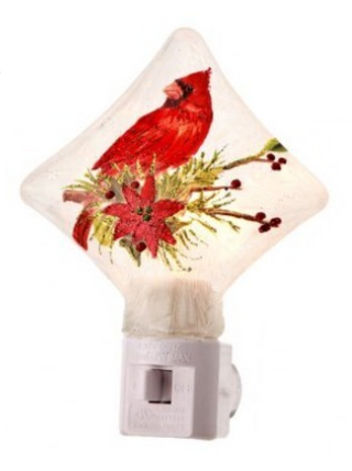 Glass Cardinal Night Light Assorted
A Christmas-themed night light with a clear, diamond-shaped body featuring a red cardinal perched on a branch with poinsettia and green foliage, set in a white plastic socket. berry berries