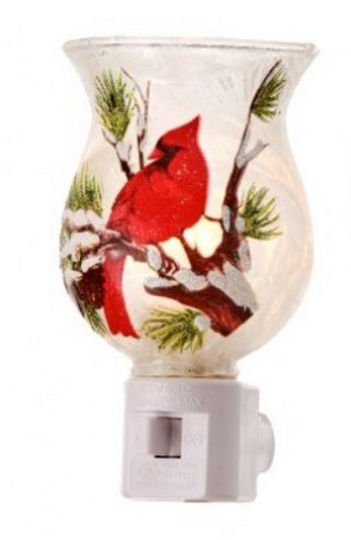 Glass Cardinal Night Light Assorted Christmas
A clear glass holiday night light candle holder featuring a printed red cardinal perched on a snowy branch, with a white plastic plug base.