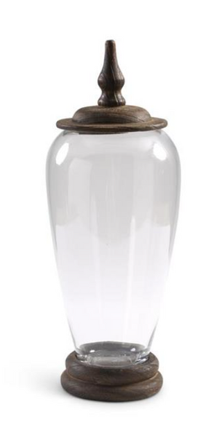Glass Jar with Wood Base and Lid Assorted small display collectibles trinkets