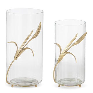 Two clear glass candle holders with gold wheat designs on a white background. Small or large Glass Vase with Gold Feet and Wheat Assorted