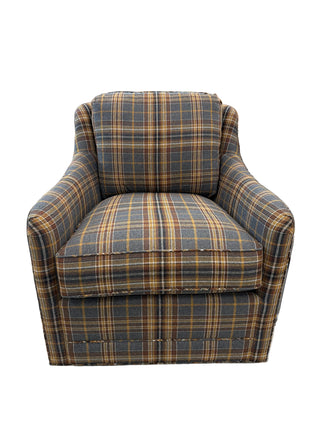 Glenhaven Swivel Chair in Brown, Beige & Gray Plaid
A classic armchair upholstered in a gray and brown and mustard yellow plaid fabric.
