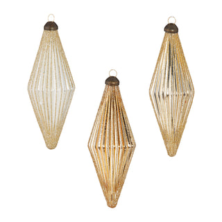Glittered Diamond Ribbed Ornament Assorted
Three diamond-shaped glitter ornament