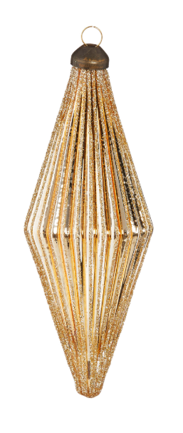 Glittered Diamond Ribbed Ornament Assorted
A gold glittery geometric Christmas ornament shaped like a diamond with a hanging loop at the top, shown against a plain white background.