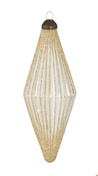 Glittered Diamond Ribbed Ornament Assorted
A vertical diamond-shaped hanging ornament with a ribbed, faceted design covered in shimmering gold glitter, featuring a dark metal cap and a gold hanging loop at the top, shown against a plain white background.