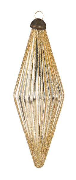 Glittered Diamond Ribbed Ornament Assorted
A vertical diamond-shaped hanging ornament with a gold glitter body, a dark metal cap, and a hanging loop at the top, shown on a plain white background.