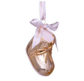Gold Baby's First Christmas Shoe Glass Ornament