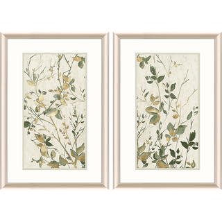 Golden Green Branches Artwork Assorted
A pair of framed botanical art prints with delicate green and gold leaves on a textured cream background, set in light wood frames with white mat