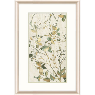 Golden Green Branches Artwork Assorted
Framed botanical art print featuring delicate watercolor-style leaves and branches in muted green, gold, and brown tones on a warm cream background, enclosed in a light wood frame with a white mat.