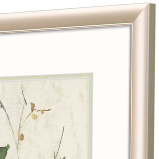 Golden Green Branches Artwork Assorted
Close-up of a framed botanical art print showing a metallic champagne-gold frame, white mat board, and a textured cream print with delicate gold and green plant details.