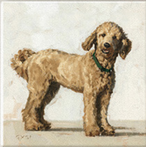 A giclee artwork of a goldendoodle dog with a green collar.