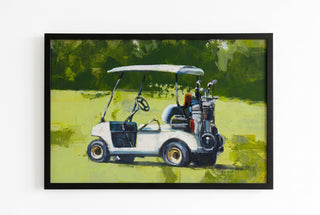 Golf Cart 2 Floating Frame Canvas 37" x 25"
A framed painting of a white golf cart on a bright green golf course in a black frame hand painted gel texture