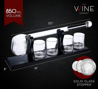 A whiskey decanter set featuring a golf club-shaped decanter and four whiskey glasses arranged on a mahogany wood base.