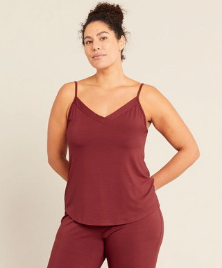 Goodnight sleep cami ruby camisole sleep cami with a V-neck and fixed length shoestring straps, with a crossover band detail at the neckline, organic bamboo