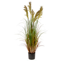 A artificial floral arrangement featuring multi-colored grain grass in a black pot.
