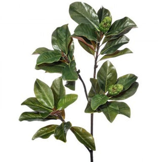 Artificial magnolia leaf branch with green leaves and buds, 44 inches in length, on a stem.
