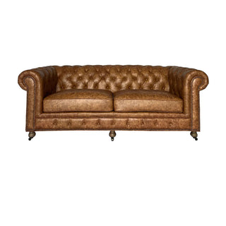 Grand Oaks Leather Chesterfield Sofa medium brown caramel button rolled arm 6 leg support distress