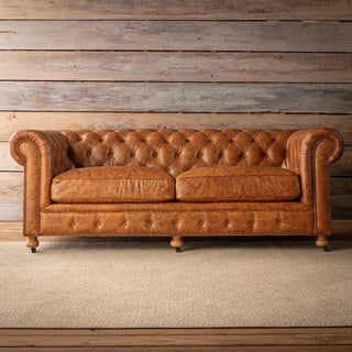 Grand Oaks Leather Chesterfield Sofa caramel medium brown soft distress leather button roll caster