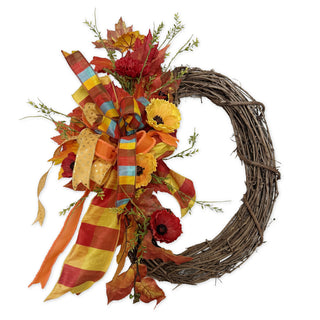 Grapevine Wreath with Poppies and Orange Plaid Ribbons