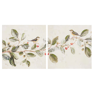 Green Finch Garland Diptych Wall Art Assorted
A two-panel wall art set featuring a small bird perched on a leafy branch with red berries, rendered in soft green, brown, cream, and red tones on a light background.