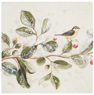 Green Finch Garland Diptych Wall Art Assorted
A square art print featuring a winter illustration of a small bird perched on a snow-dusted branch with green leaves and red berries on a light cream background. 