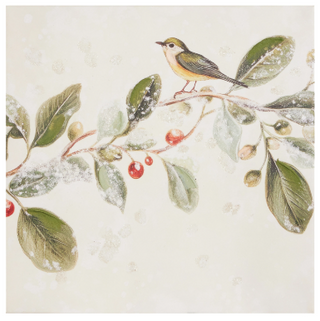 Green Finch Garland Diptych Wall Art Assorted
A square art print featuring a small bird perched on a snow-dusted branch with green leaves and red berries on an off-white background.