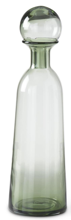 Green glass carafe with a spherical top on a white background. Green Glass Vase with Stopper Assorted