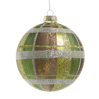 Green Plaid Ball Ornament 5" brown gold silver glitter