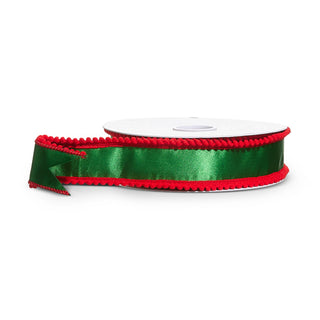 Green Satin with red Pom Pom Edge Wired Ribbon 1.5" SOLD BY THE FOOT