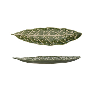 Green Stoneware Leaf Shaped Decorative Plate with Wax Relief Design