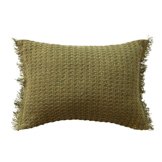 Green Woven Cotton Lumbar Pillow with Metallic Gold Thread & Fringe