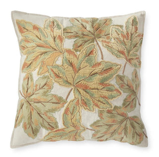 Green with Rust Embroidered & Beaded Leaf Square Pillow gold bead nature natural