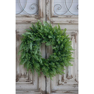 Green fern wreath on a rustic wooden door Greenery Wreath 20" 