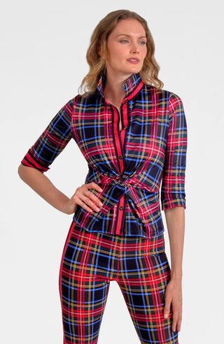 Gretchen Scott Twist & Shout Stop in Stewart Plaid blue red and black twisted waist detail