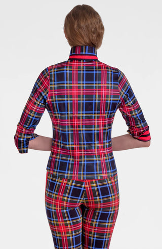 Gretchen Scott Twist & Shout Stop in Stewart Plaid back twisted waist detail gold buttons blue red and black
