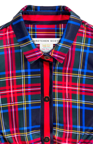 Gretchen Scott Twist & Shout Stop in Stewart Plaid back red black and blue plaid twisted waist detail