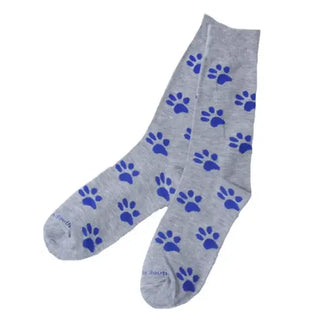 A pair of gray socks with blue paw print patterns.