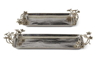 Hammered Silver Metal Tray with Gold Metal Floral Handles Assorted flower 