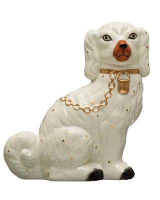 Hand-Painted Dolomite Vintage Reproduction Staffordshire Dog Assorted face right cream with gold chain