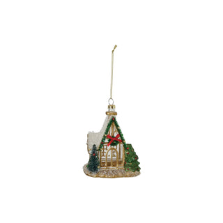 Hand-Painted Glass Chapel Ornament bottle brush tree ceramic red bow gold green CHristmas white