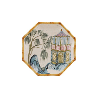 Hand-Painted Stoneware Octagon Shaped Plate with Oriental House bamboo style edge palm tree blue green pink