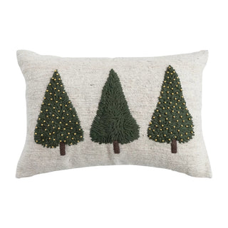 Hand-Woven Lumbar Pillow with Embroidered Trees & Beads green Christmas trees gold beads