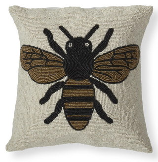 Handcrafted Glass Beaded Bee Square Pillow 14" brown black ivory