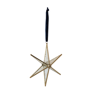 Handmade Mirrored Glass & Brass Star Ornament navy blue velvet ribbon gold
