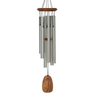 22" Teak finish ash wood and six silver aluminum tubes that ring in a Happy Birthday chime