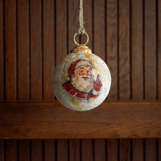Happy Santa Metal Ball Ornament 4" gold frost white red suit