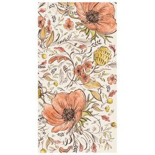 Floral patterned napkins with orange flowers on a white background. Hester & Cook Autumn Arrangement Guest Napkins