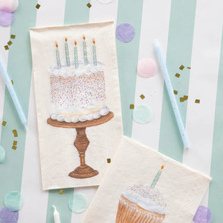Hester & Cook Birthday Cake Guest Napkins on a blue and white striped background